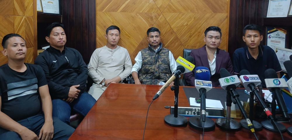 DNSU President, Hinoto P Awomi, along with the constituent unit leaders during the press conference held at its office on November 25. (Morung Photo)